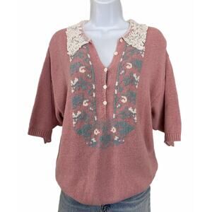 Vintage 80s Lace Collar Cottage Preppy Boho Cotton Knit Sweater Top